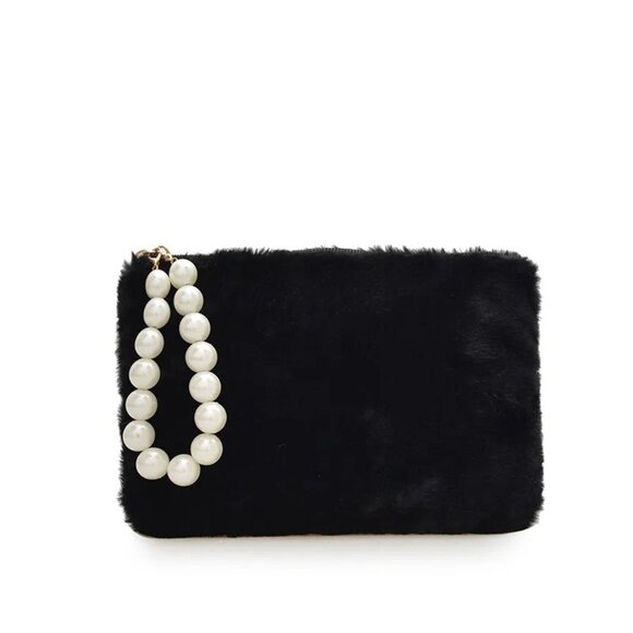 2/$30 Black Soft Faux Fur Clutch Purse With Pearl Handle & Gold Accents NWT - Picture 4 of 8